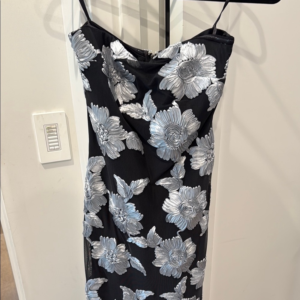 Black Strapless Dress with Silver Floral Embroidery